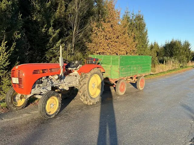 Traktor pótkocsival az úton, őszi napsütésben